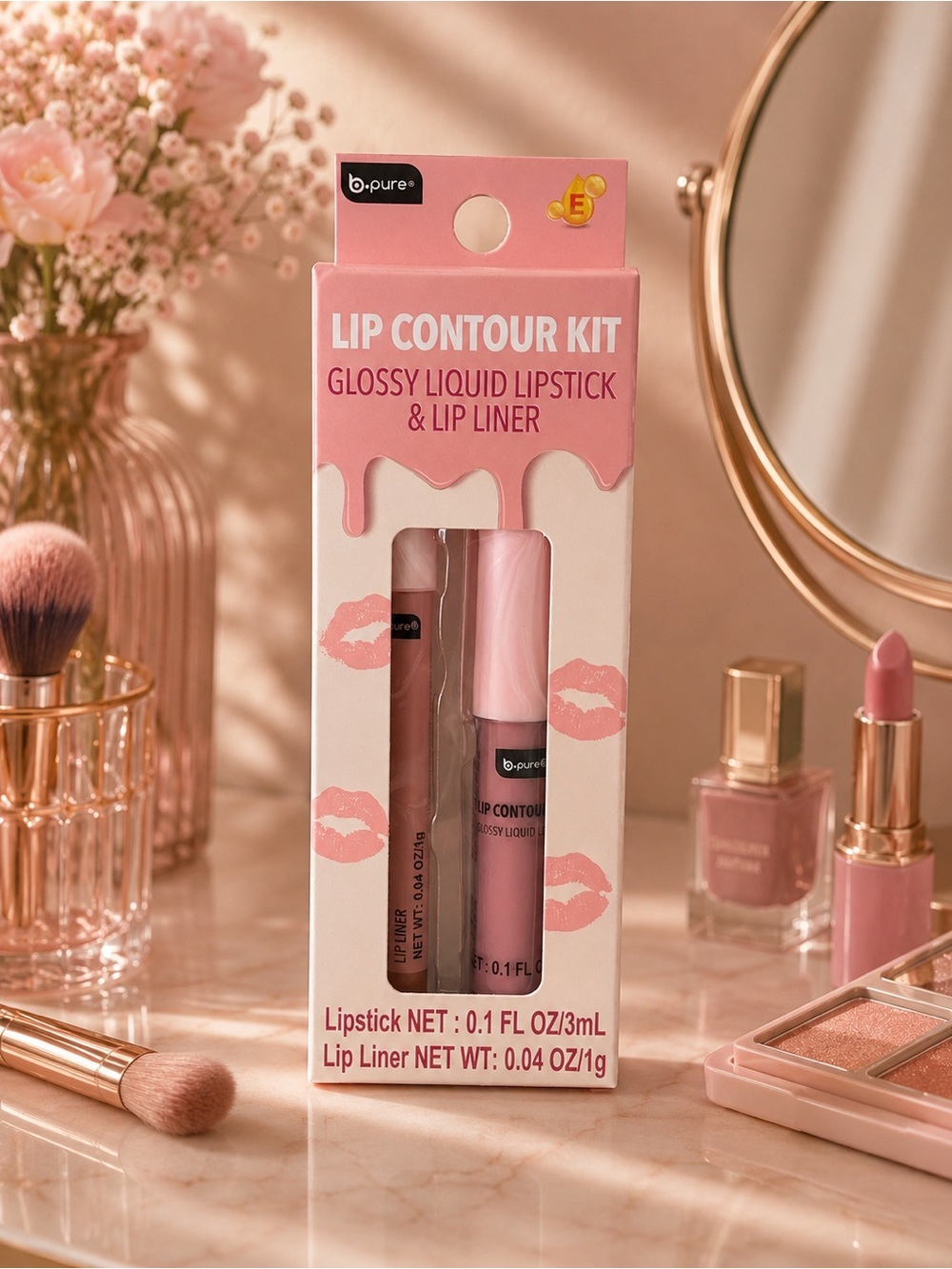 Pink Lip Contour Kit – Glossy Liquid Lipstick & Lip Liner
